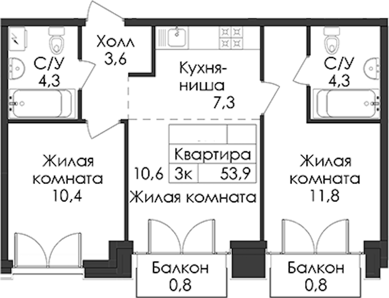 2-комнатная квартира 53.9 м², 7/9 эт., ЖК «Лермонтовский 54»